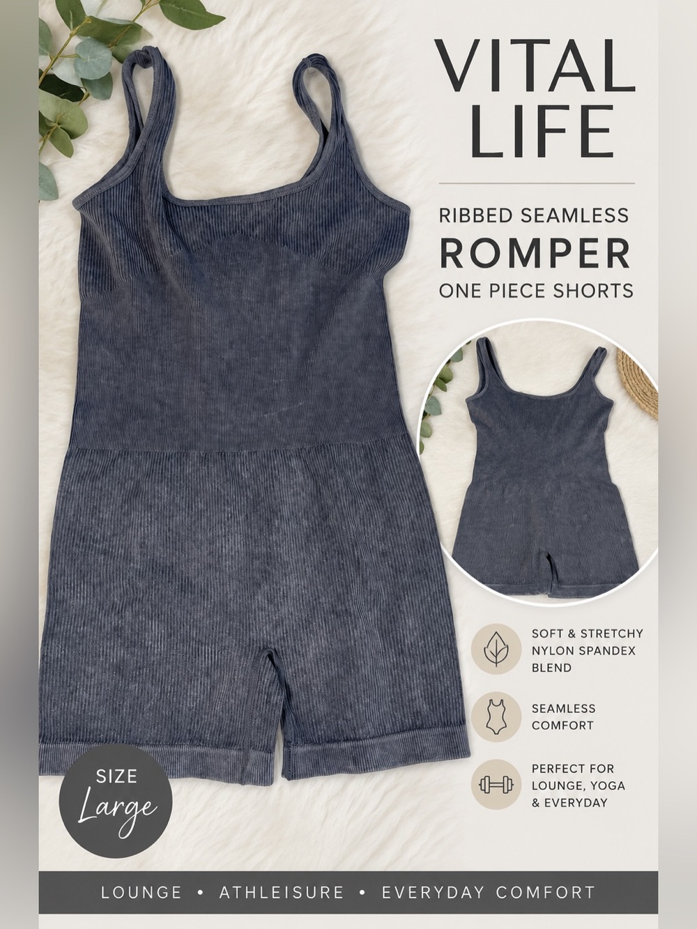 Vital Life Ribbed Seamless Romper Gray One Piece Shorts Stretch Lounge Large